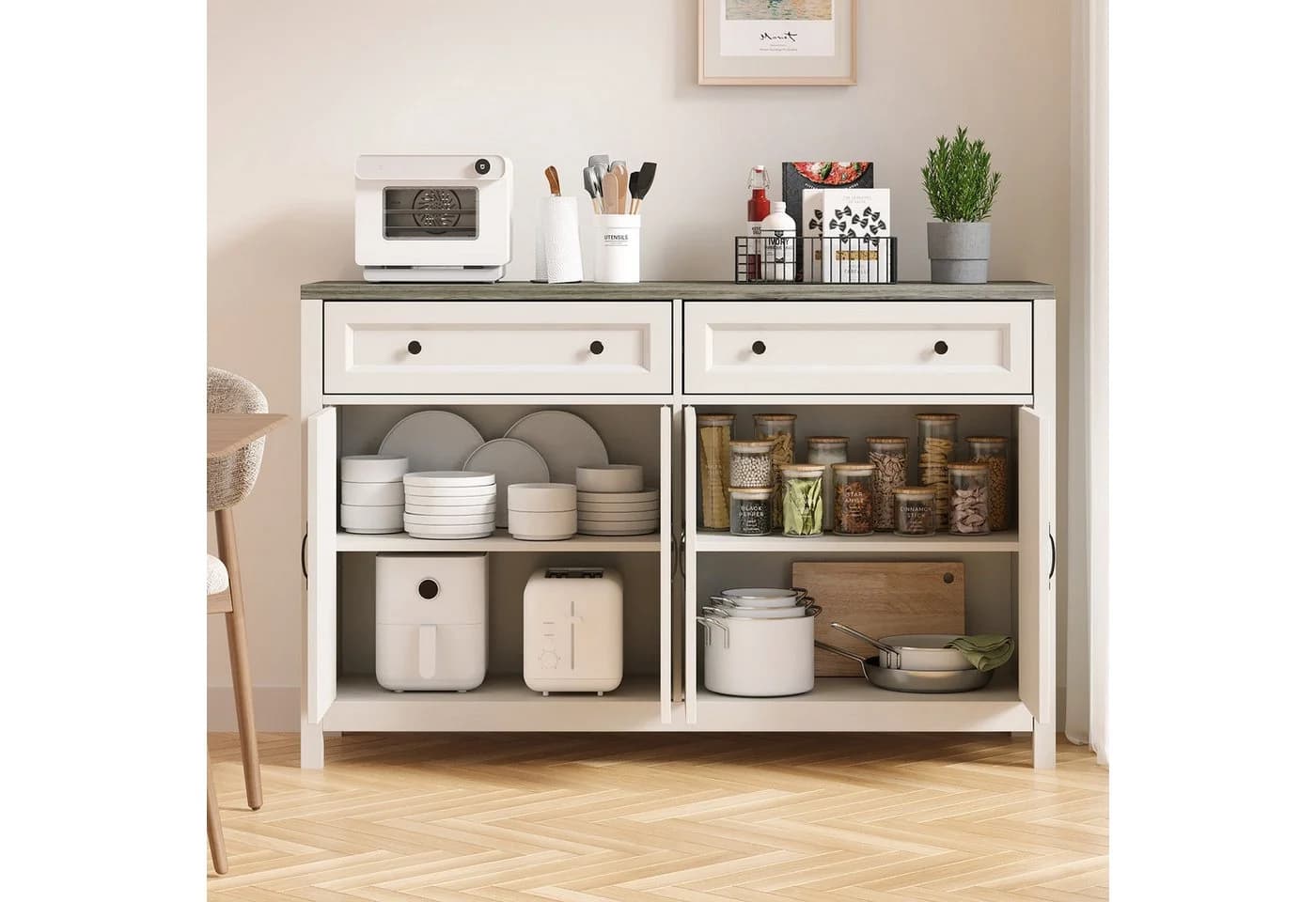 Bealife Sideboard Küchenschrank mit Arbeitsplatten, Weiß, 4 Türen, 2 Schubladen - Bild 3