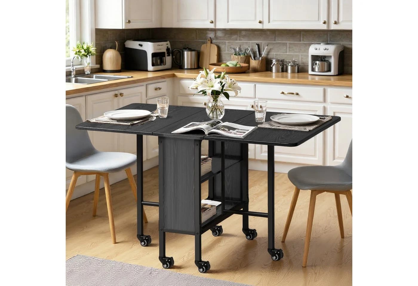 Bealife Klapptisch mit Ablage und 6 Rollen Esszimmertisch für 6 Personen Braun/Schwarz - Bild 2