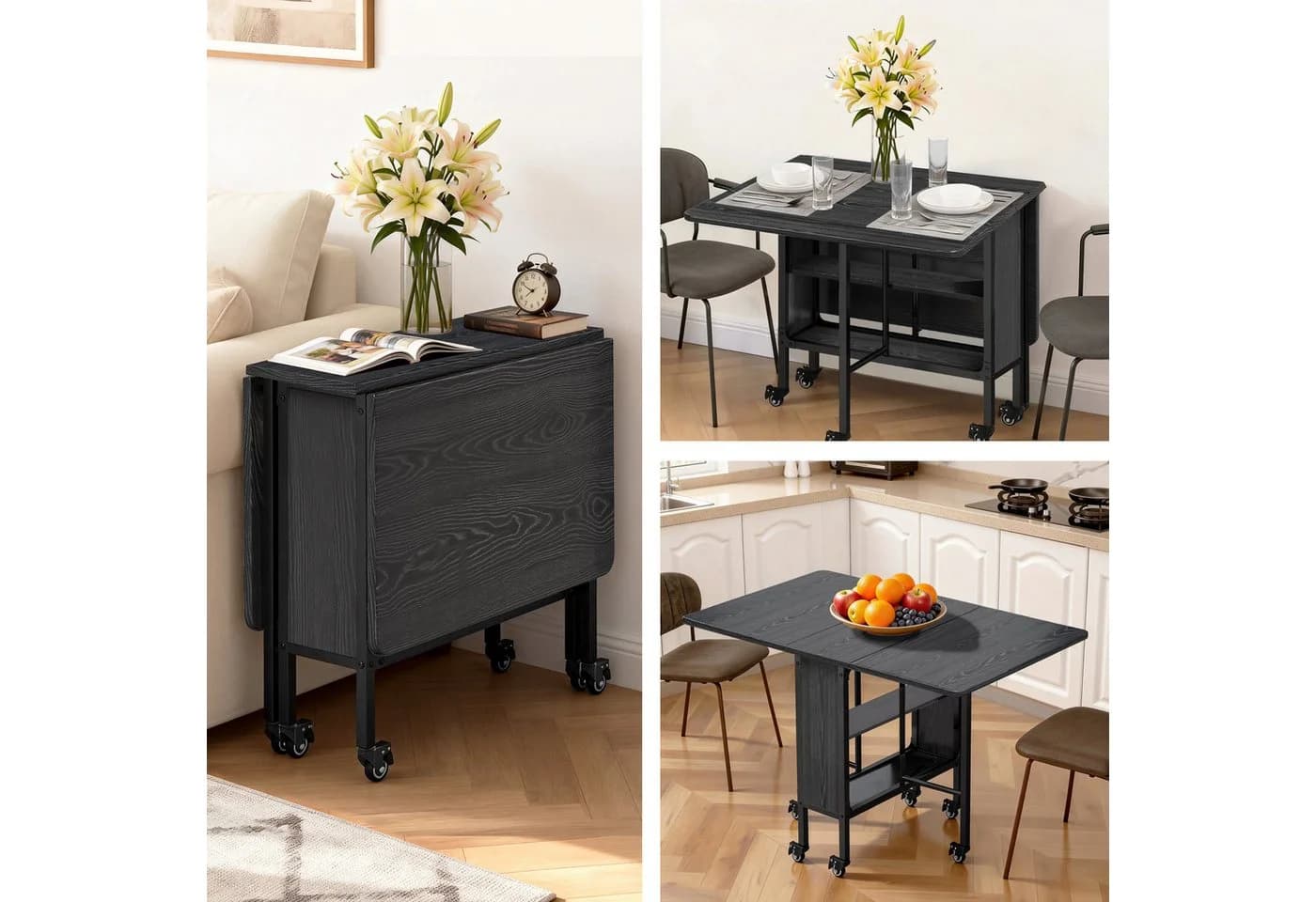Bealife Klapptisch mit Ablage und 6 Rollen Esszimmertisch für 6 Personen Braun/Schwarz - Bild 4