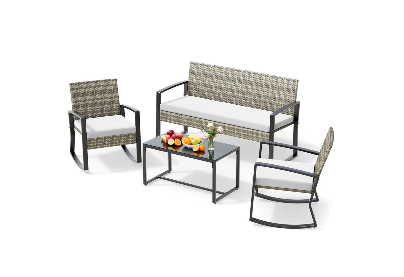 Bealife Balkonset 4-tlg. Rattan mit Schaukel-Funktion Beige/Schwarz