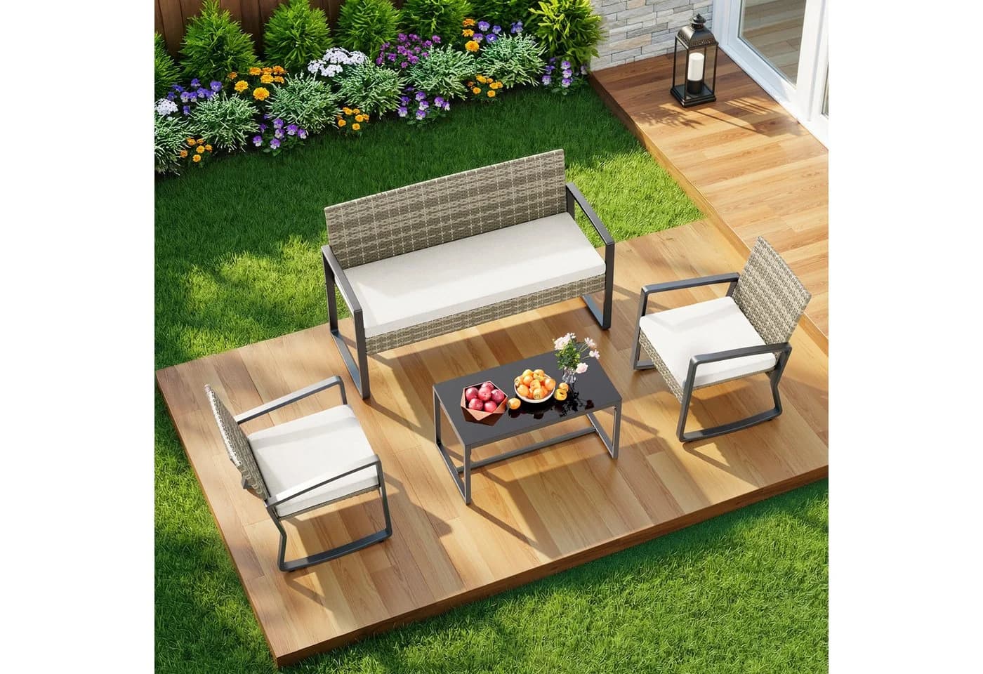 Bealife Balkonset 4-tlg. Rattan mit Schaukel-Funktion Beige/Schwarz - Bild 3