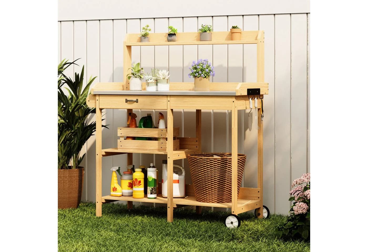 Bealife Garten-Geräteschrank Pflanztisch Braun/Grau mit Schubladen - Bild 2