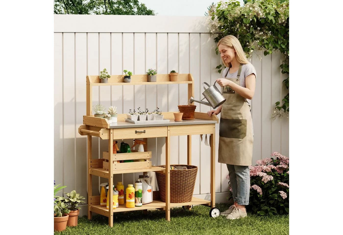 Bealife Garten-Geräteschrank Pflanztisch Braun/Grau mit Schubladen - Bild 3