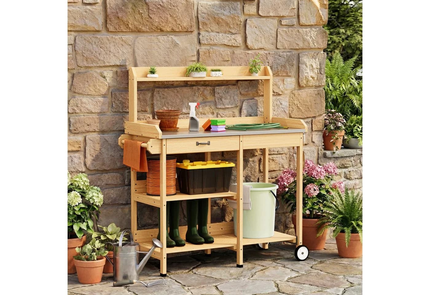 Bealife Garten-Geräteschrank Pflanztisch Braun/Grau mit Schubladen - Bild 4