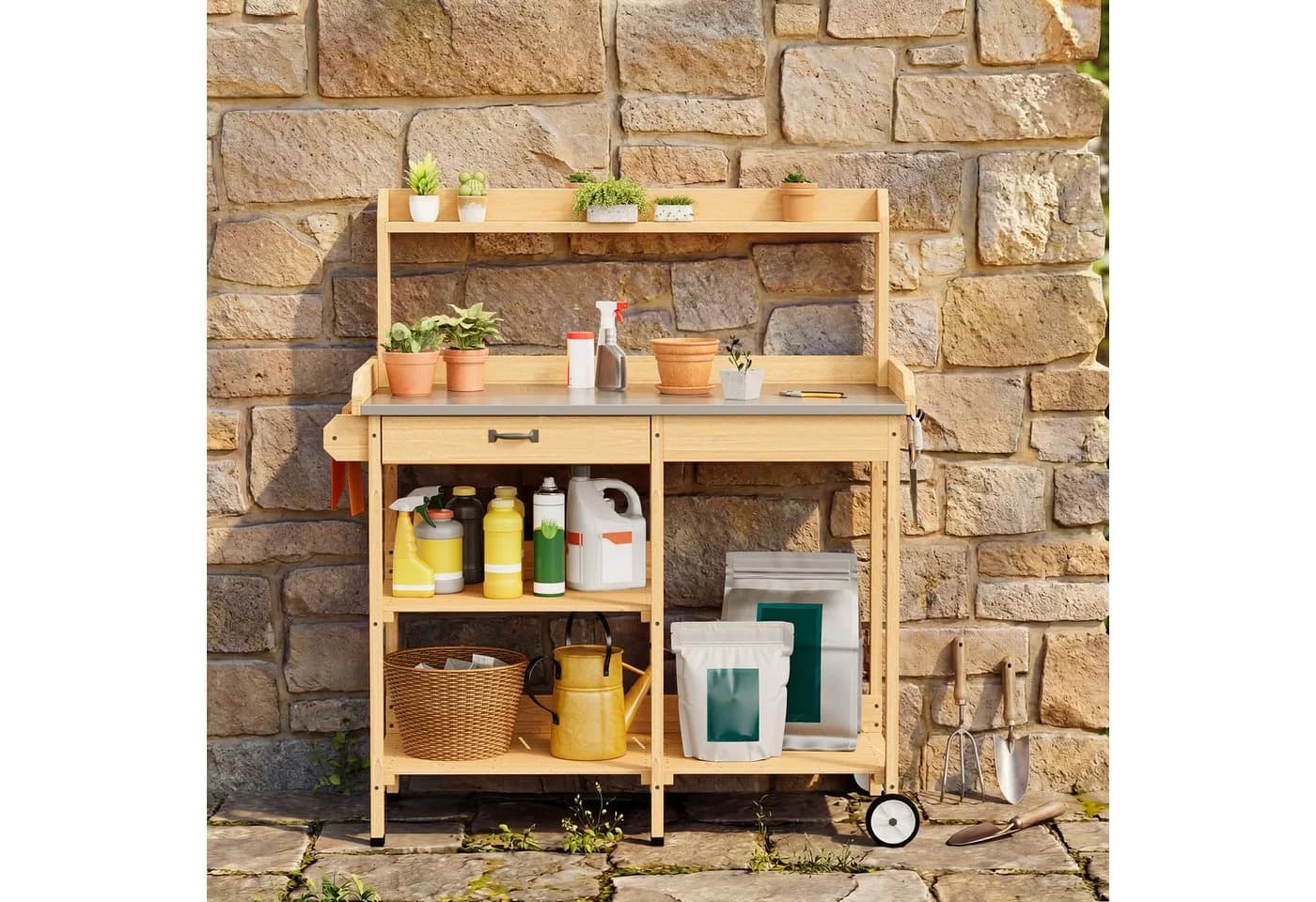 Bealife Garten-Geräteschrank Pflanztisch Braun/Grau mit Schubladen - Bild 5