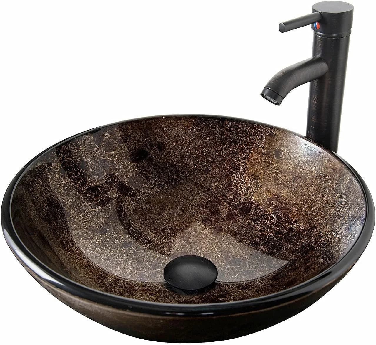 Puluomis Aufsatzwaschbecken Set Braun/Schwarz Hochglanz Glas - Bild 2