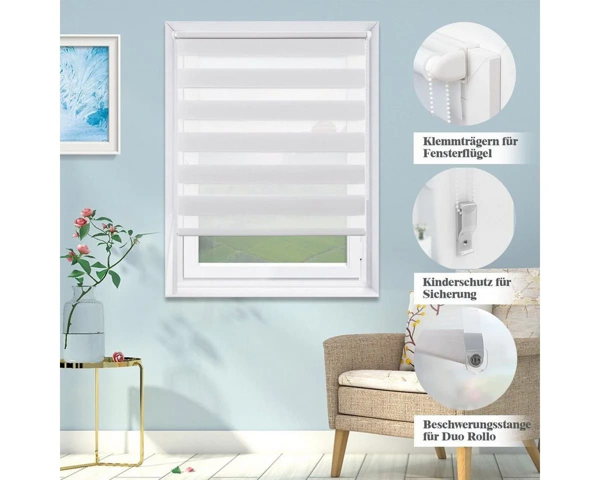 Doppelrollo ohne Bohren 130cm/150cm/230cm, OUBO, freihängend, verspannt, Klemmfix, Klemmträger, Für Fenster und Tür mit Klemmträger lichtdurchlässig verdunkelnd - Bild 4