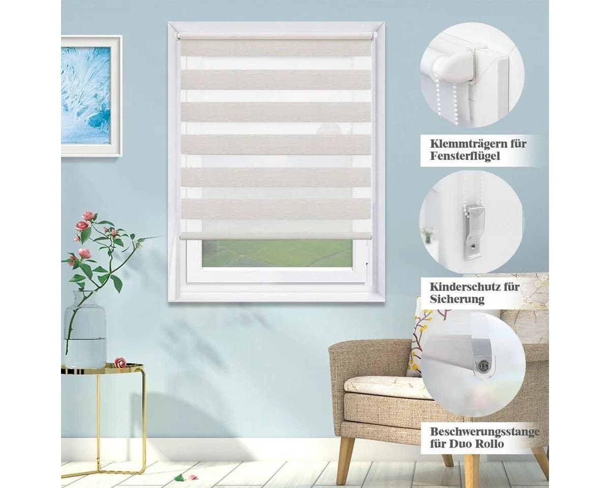 Doppelrollo ohne Bohren 130cm/150cm/230cm OUBO Beige - Bild 4