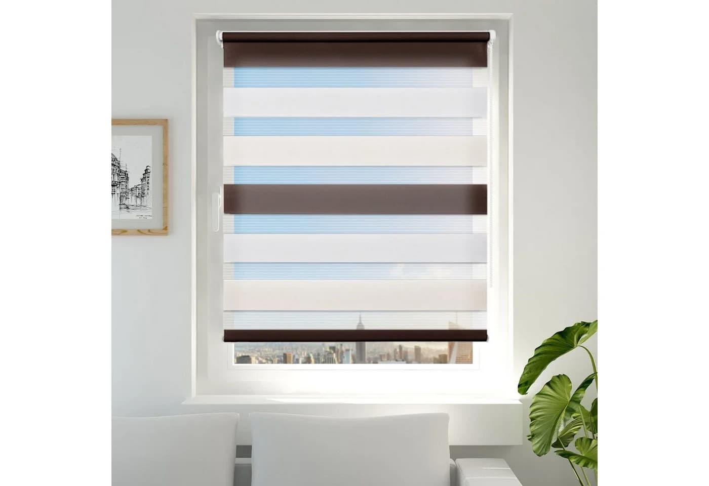 OUBO Doppelrollo Klemmfix Weiß-Beige-Braun lichtdurchlässig verdunkelnd
