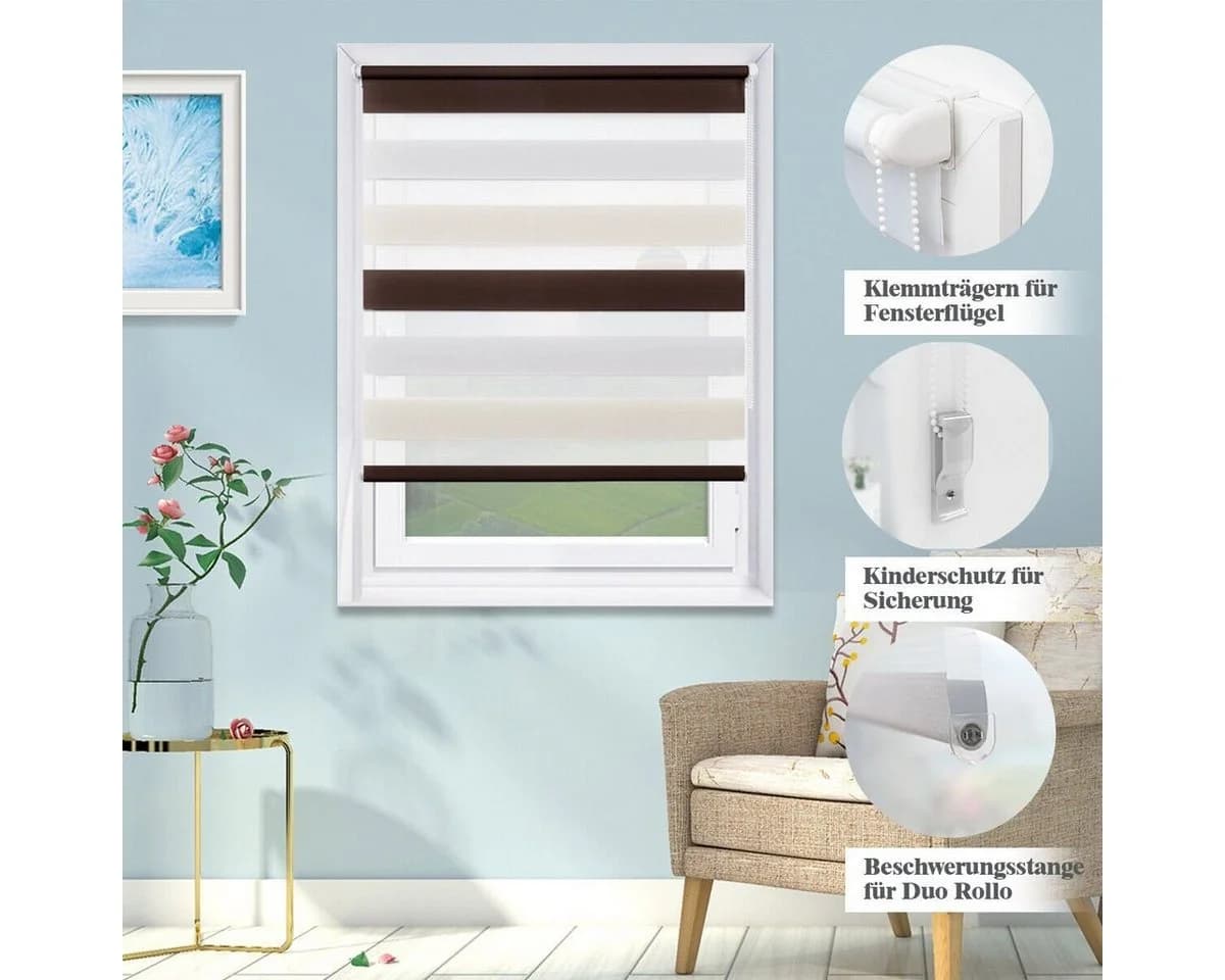 OUBO Doppelrollo Klemmfix Weiß-Beige-Braun lichtdurchlässig verdunkelnd - Bild 4