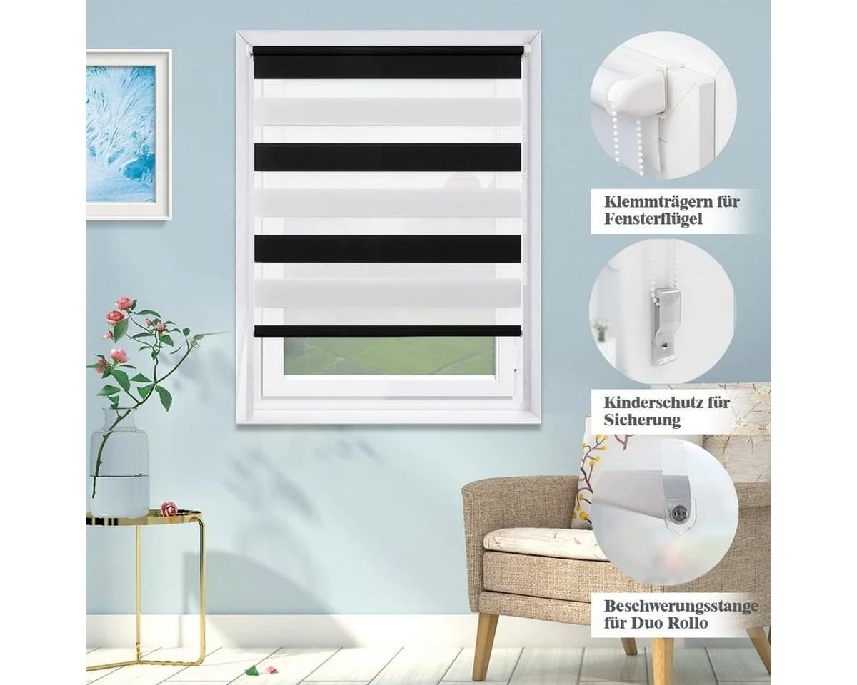 Doppelrollo ohne Bohren 230cm OUBO Freihängend Verspannt Klemmfix Klemmträger Lichtdurchlässig Verdunkelnd - Bild 4