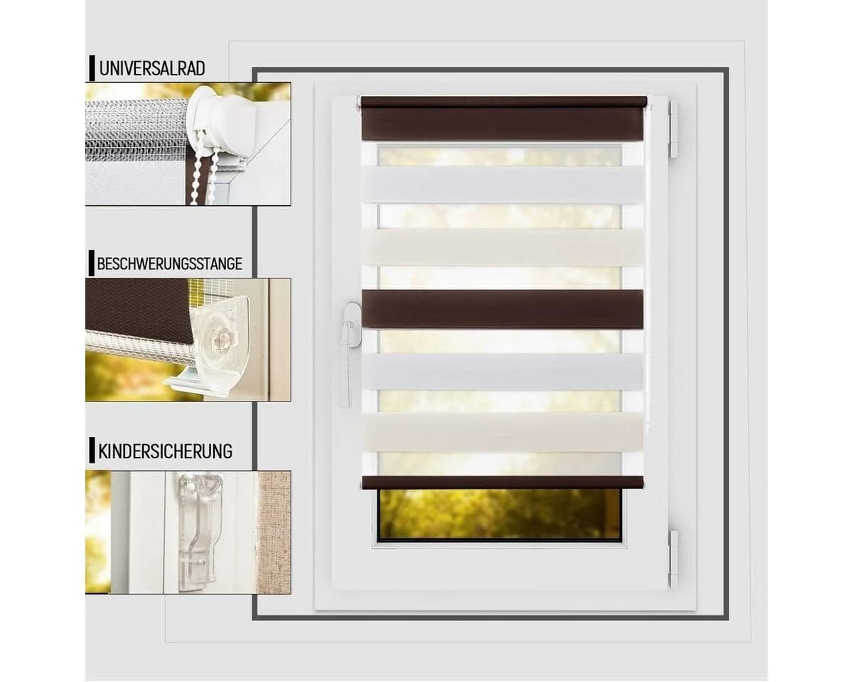 OUBO Doppelrollo Klemmfix Weiß-Beige-Braun Verdunkelnd - Bild 3