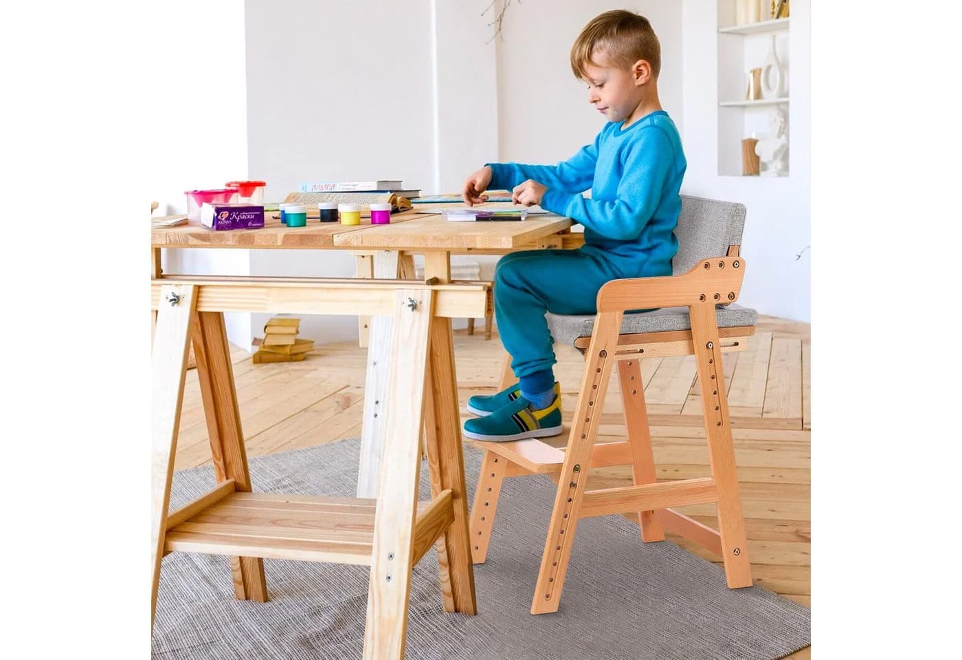OUNUO Esszimmerstuhl Holz Lehnstuhl Küchenstuhl mit Armlehne Beige - Bild 4