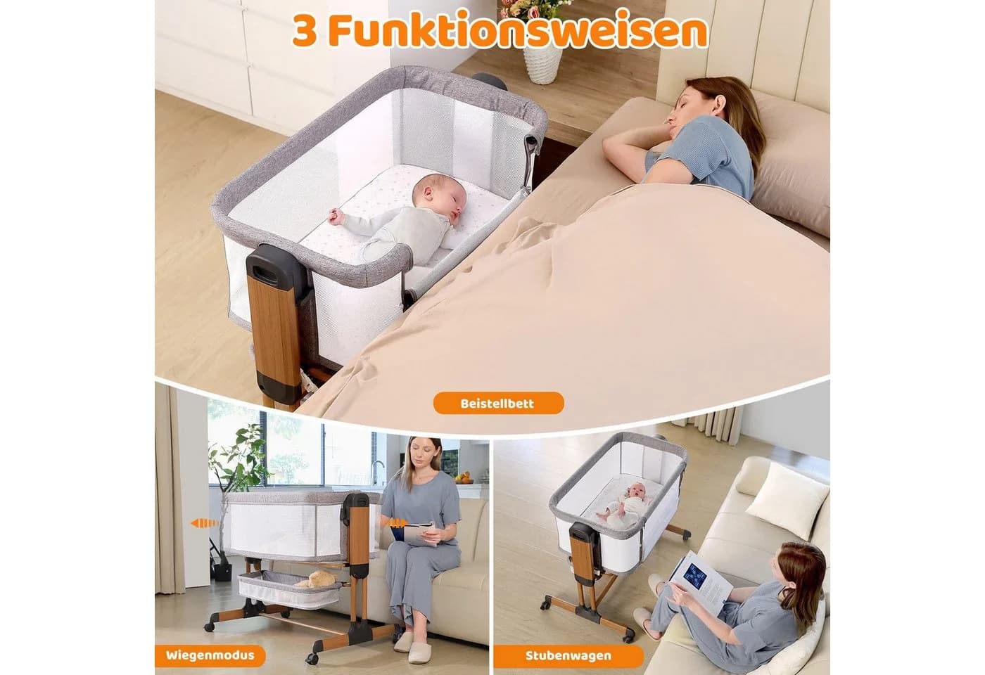 Ezebaby Beistellbett 3 in 1 Babybett Babywiege Neugeborene Schaukelbettchen Rädern