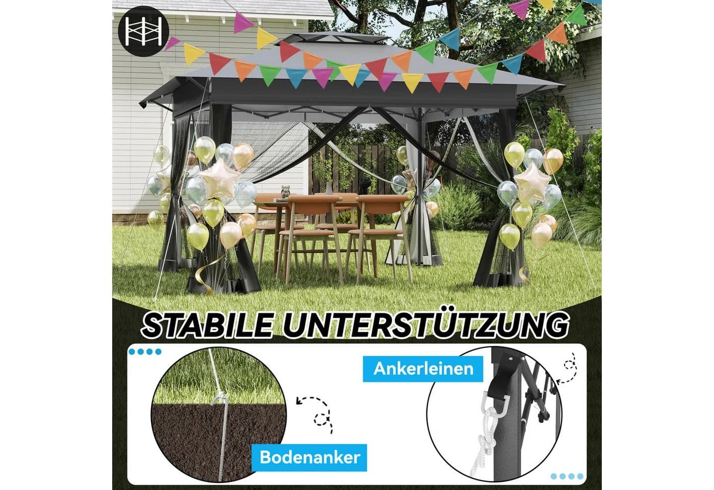 FIVMEN Partyzelt Gartenpavillon 4x4m 3-Stufen Höhenverstellbar - Bild 3