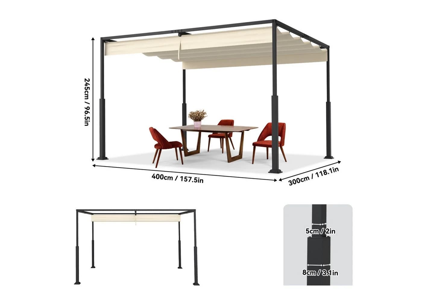 FIVMEN Pergola Gartenpavillon mit Schiebedach Beige/Schwarz Metall