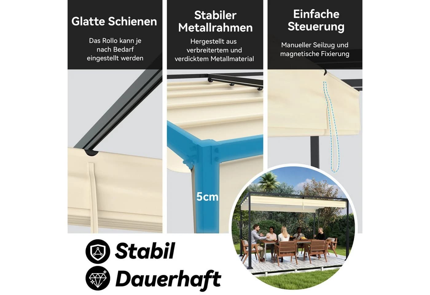 FIVMEN Pergola Gartenpavillon mit Schiebedach Beige/Schwarz Metall - Bild 3