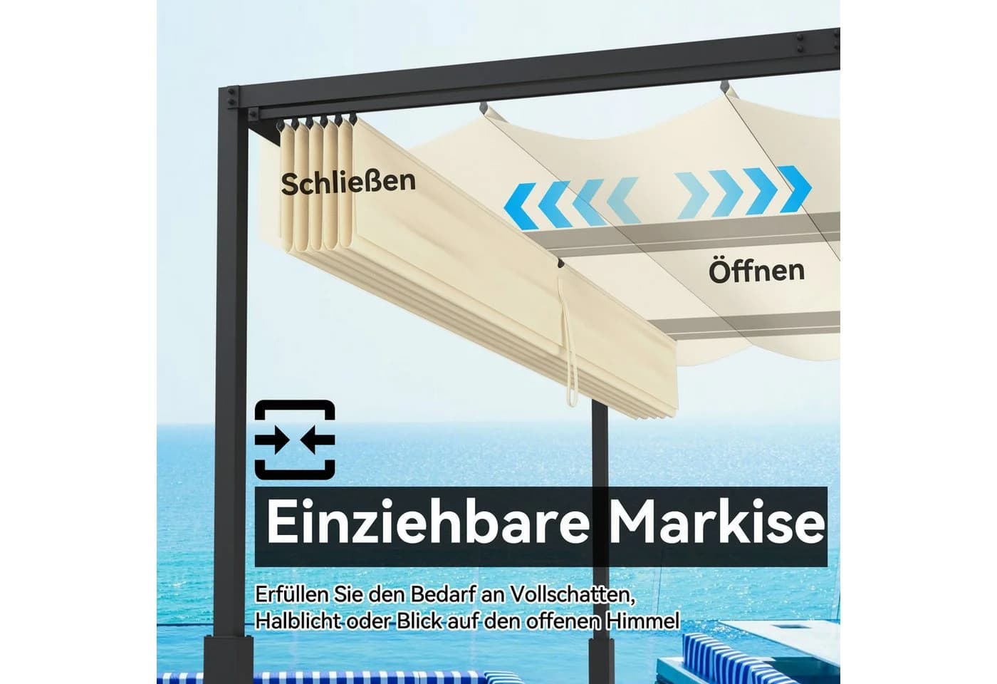 FIVMEN Pergola Gartenpavillon mit Schiebedach Beige/Schwarz Metall - Bild 4