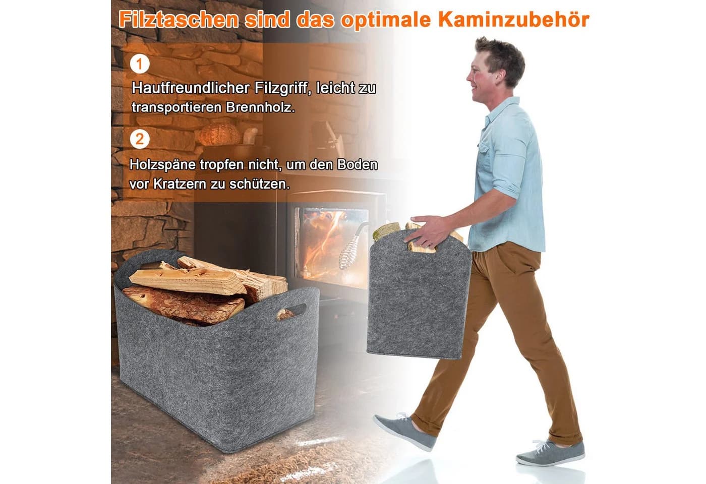 FIVMEN Kaminholzkorb XXL Filztasche mit Verstärkter Griff, Holzkorb für Kaminholz aus Filz - Bild 5