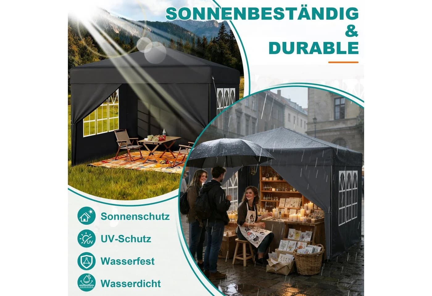 FIVMEN Partyzelt 2,5x2,5m Schwarz Höhenverstellbar mit Seitenteilen - Bild 4