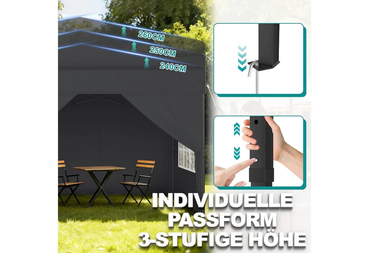 FIVMEN Partyzelt 2,5x2,5m Schwarz Höhenverstellbar mit Seitenteilen - Bild 5