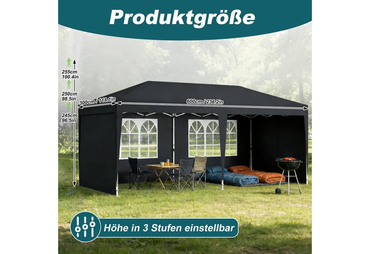 FIVMEN Pavillon 3x6m Faltpavillon Höhenverstellbar Schwarz
