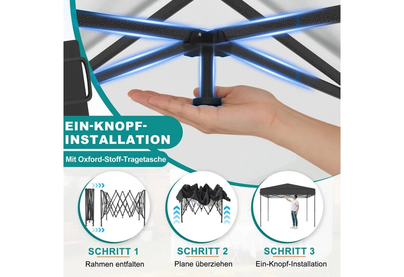 FIVMEN Partyzelt Pop Up 3x3m Anthrazit Stahlrahmen UV-Schutz - Bild 3