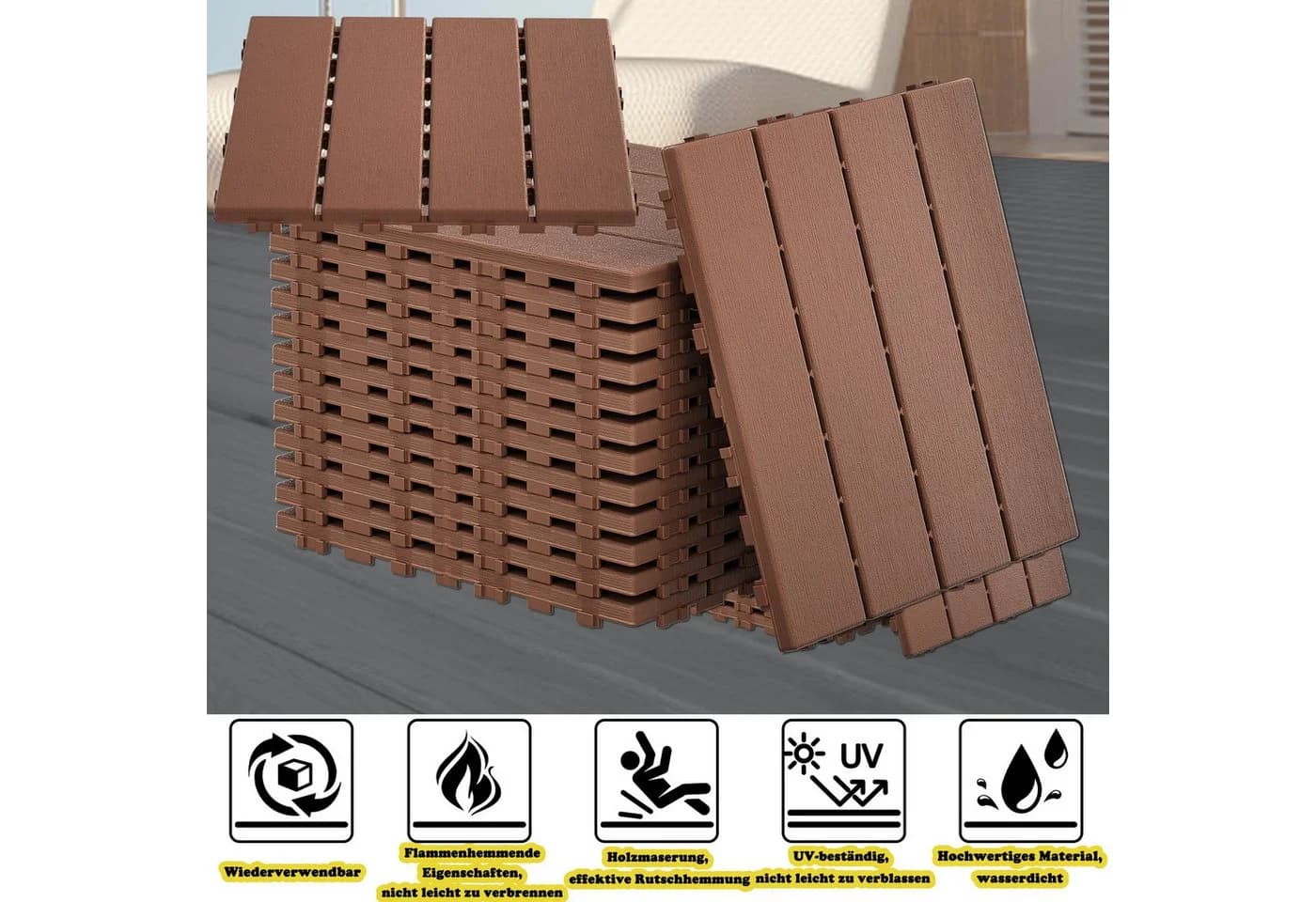 FIVMEN Terrassendielen 30x30cm Braun Holzoptik PE-Kunststoff - Bild 3