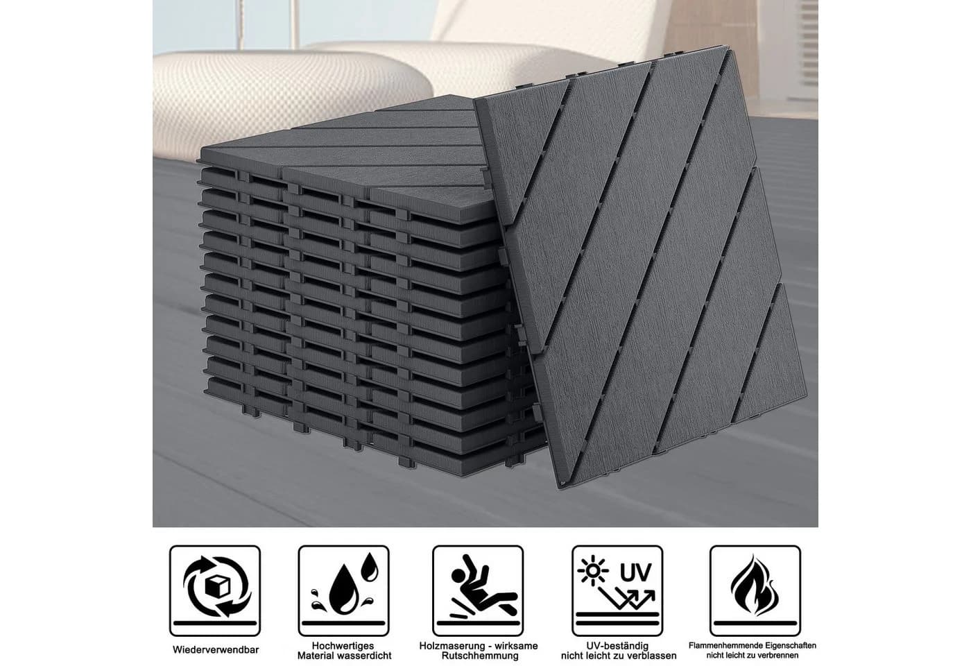 FIVMEN Terrassenfliesen Klickfliesen 30x30cm Anthrazit/Braun Holzoptik - Bild 3
