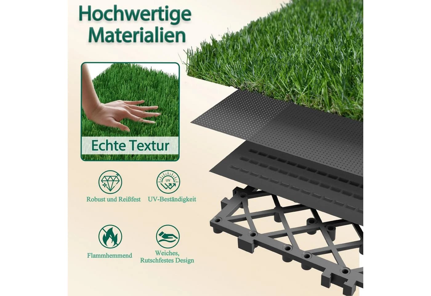 FIVMEN Kunstrasenfliesen 30x30 cm Rasenteppich Rasenfliese Grasmatte 22 St. für Balkon Terrasse - Bild 3