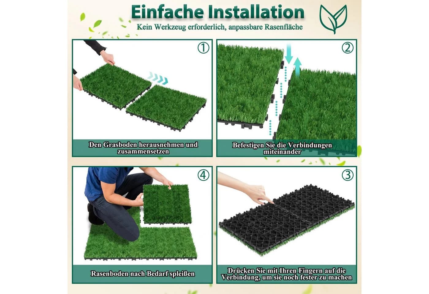 FIVMEN Kunstrasenfliesen 30x30 cm Rasenteppich Rasenfliese Grasmatte 22 St. für Balkon Terrasse - Bild 4