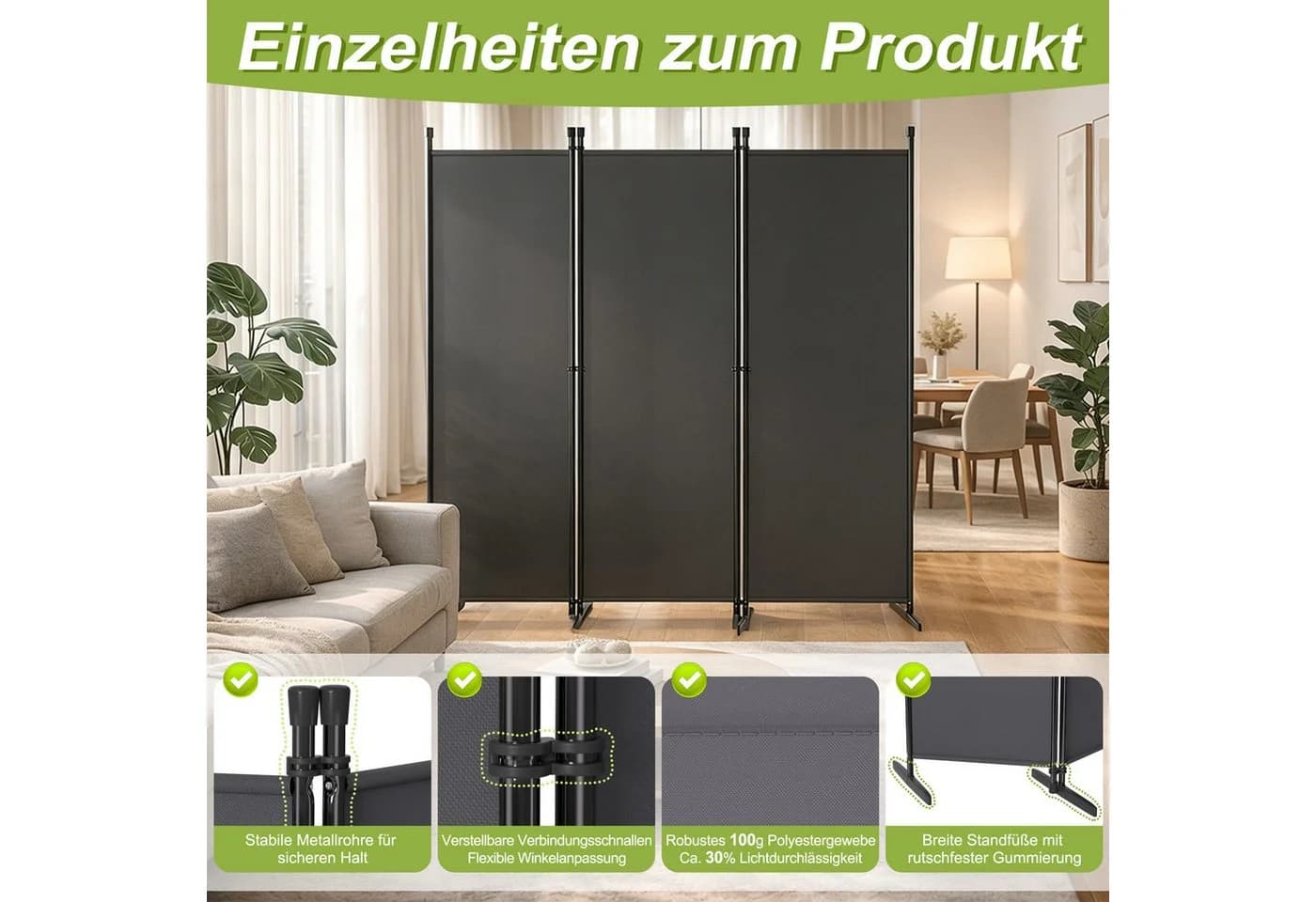FIVMEN Raumteiler Klappbar Sichtschutz Grau - Bild 3