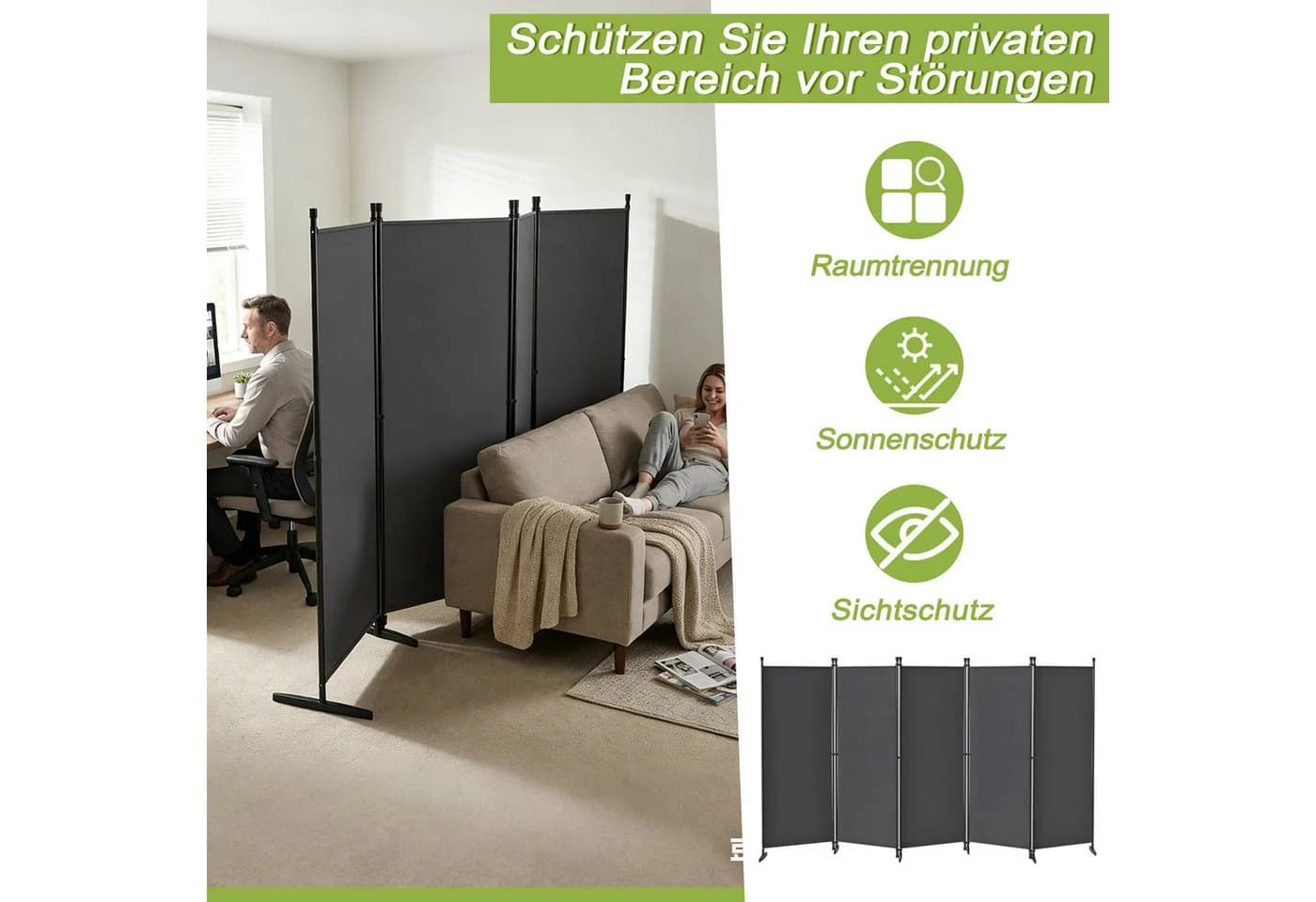 FIVMEN Raumteiler Klappbar Sichtschutz Grau - Bild 5