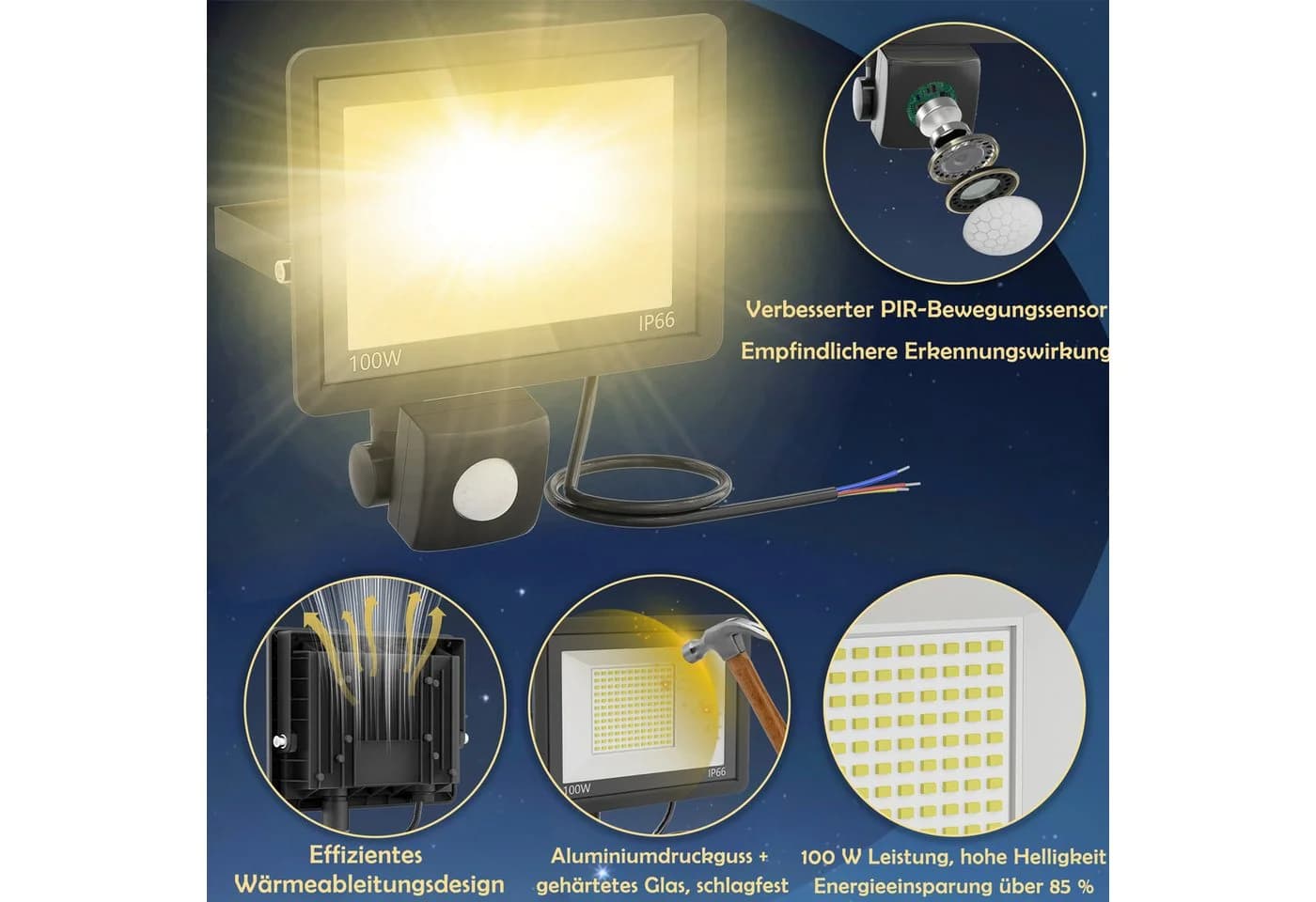 FIVMEN LED Flutlichtstrahler 100W mit Bewegungsmelder Schwarz - Bild 3