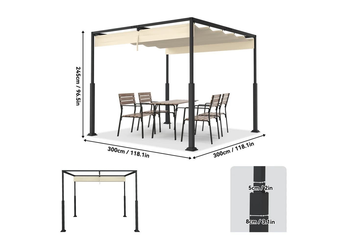 FIVMEN Pavillon Gartenpavillon 3x3m Schiebedach Stahlgestell UV-Schutz Schwarz