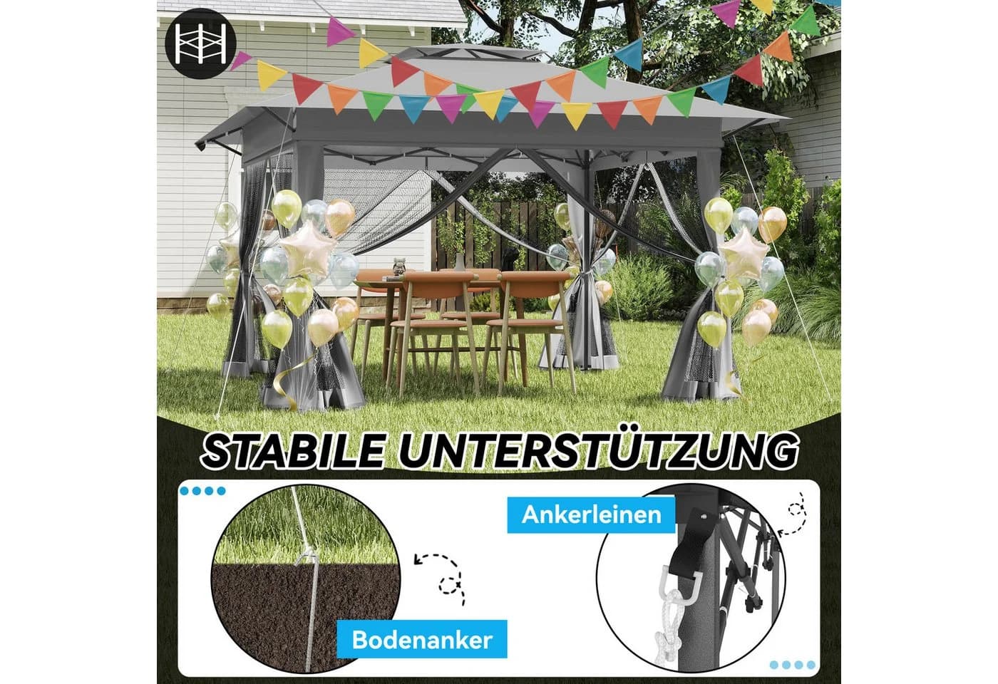 FIVMEN Faltpavillon 4x4m Weiß Grau Höhenverstellbar mit Moskitonetz