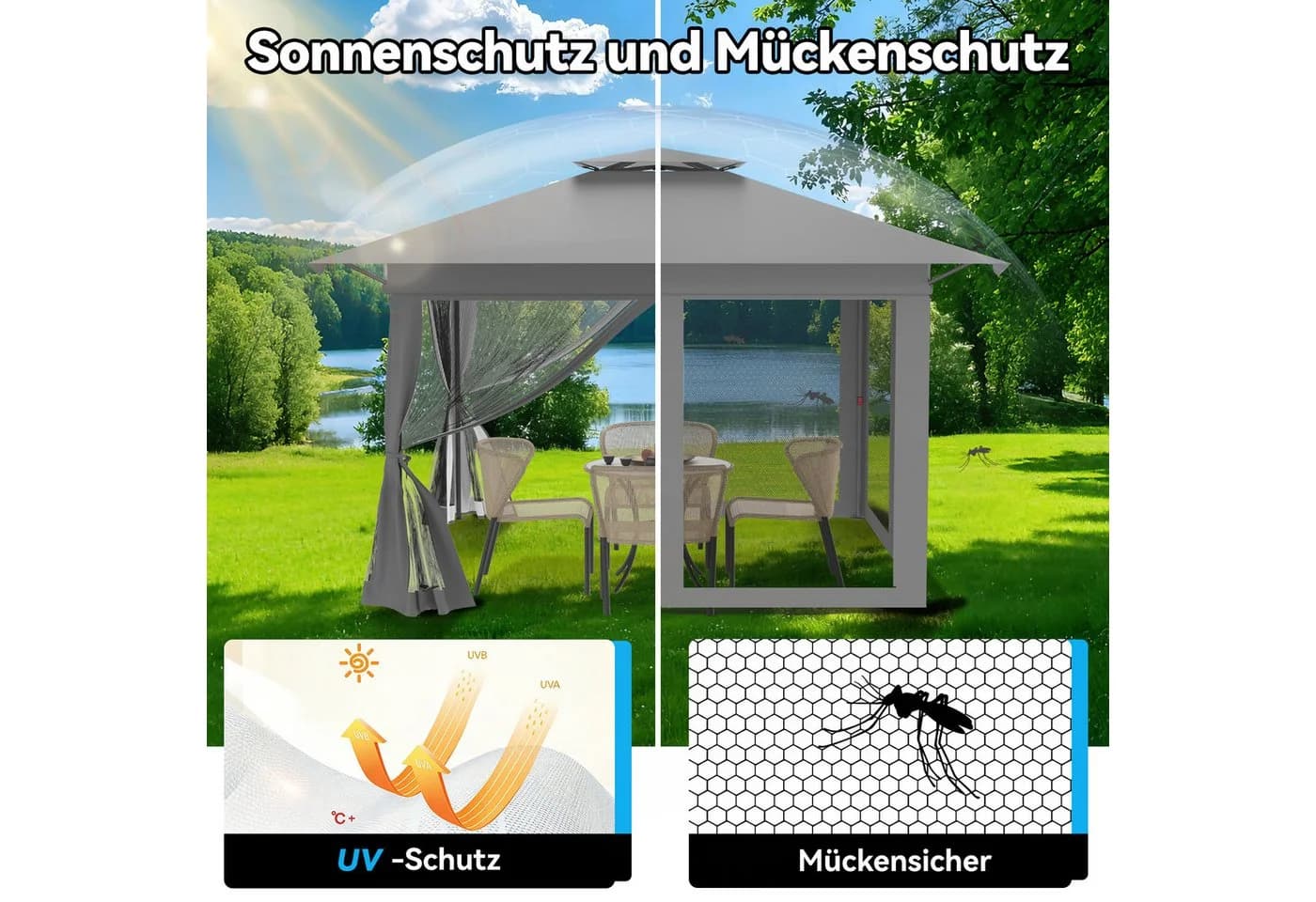 FIVMEN Faltpavillon 4x4m Weiß Grau Höhenverstellbar mit Moskitonetz - Bild 3