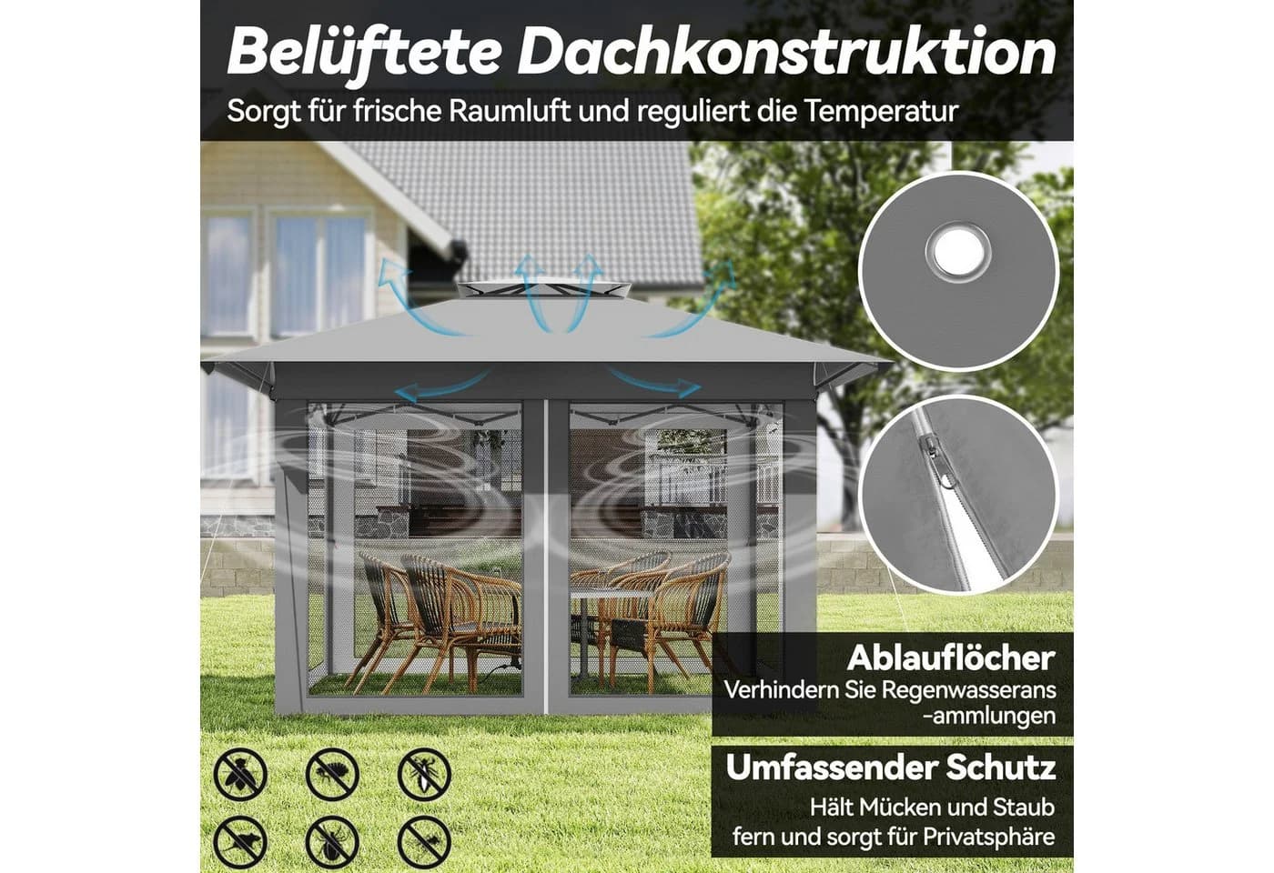 FIVMEN Faltpavillon 4x4m Weiß Grau Höhenverstellbar mit Moskitonetz - Bild 5