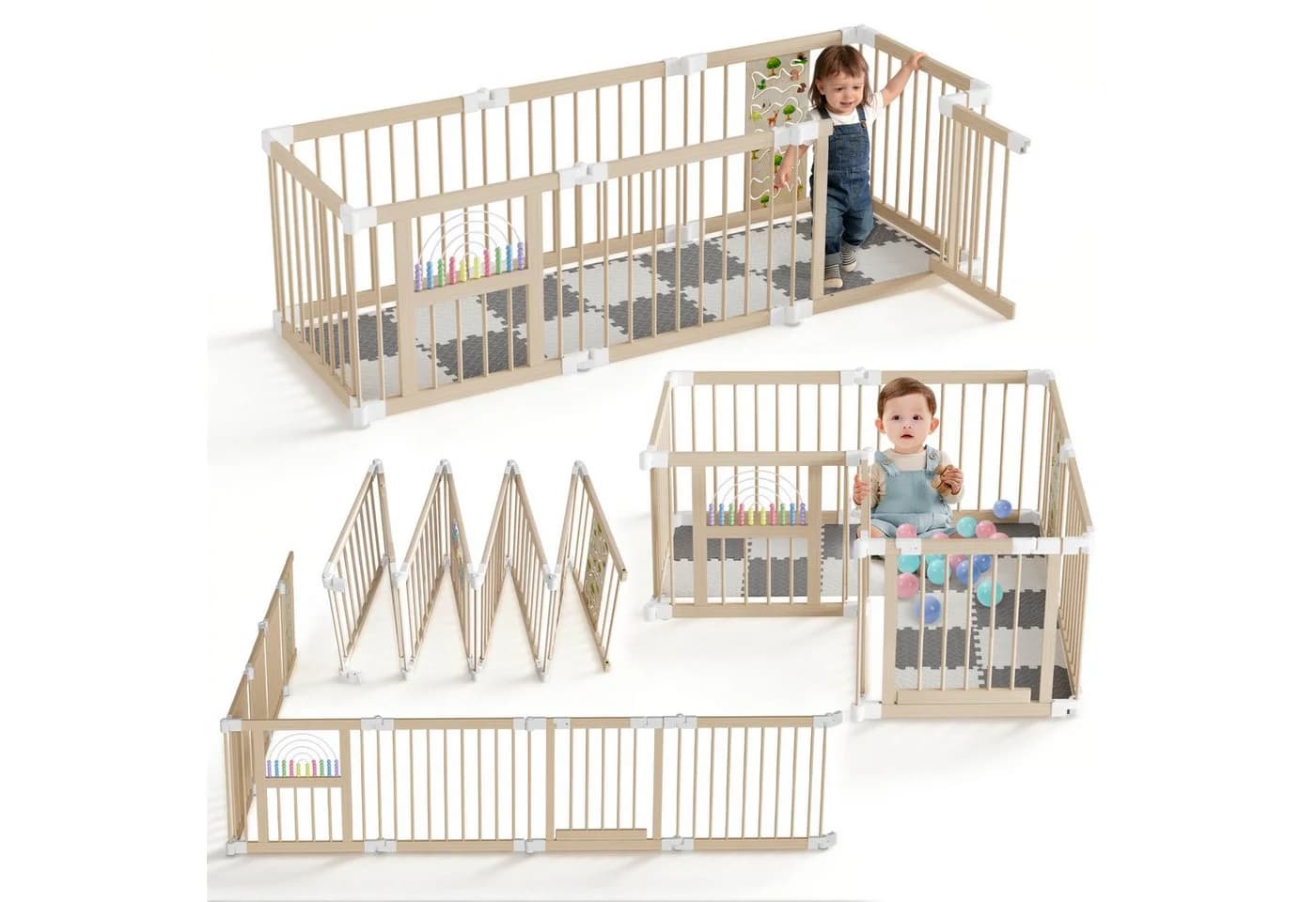 FIVMEN Laufgitter aus Holz mit Tür, 8-teiliges modulares Babygitter - Bild 2
