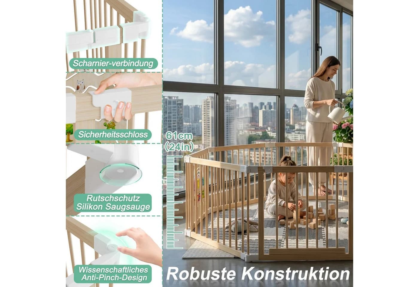 FIVMEN Laufgitter aus Holz mit Tür, 8-teiliges modulares Babygitter - Bild 3