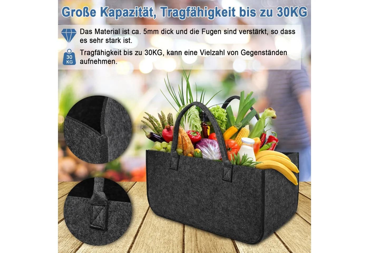 FIVMEN Kaminholzkorb Filztasche Dunkelgrau Faltbar - Bild 3