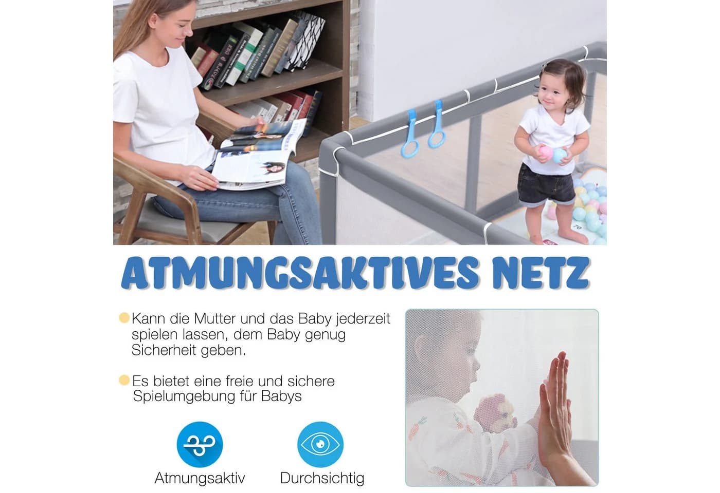 FIVMEN Laufgitter Laufstall Baby Absperrgitter Netz Aktivitätszentrum Dunkelgrau - Bild 4