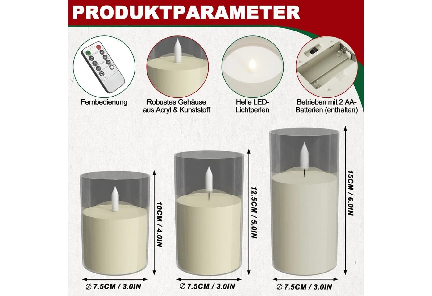 FIVMEN LED-Kerze 3 Stück Flammenlosekerzen mit Fernbedienung Acryl Shell