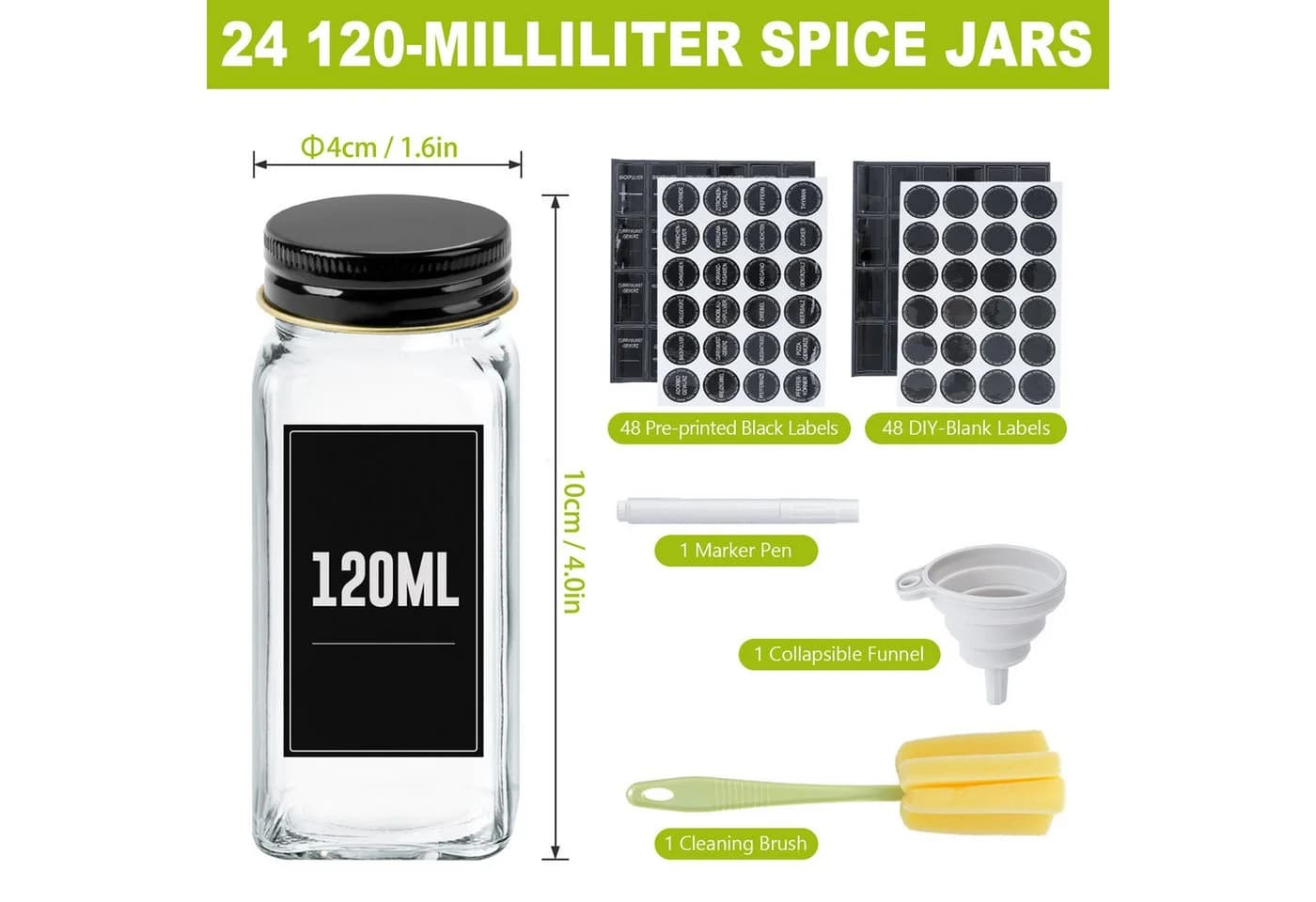 FIVMEN Gewürzglas-Set 24-tlg. Quadratisch Glas mit Sieb & Etiketten