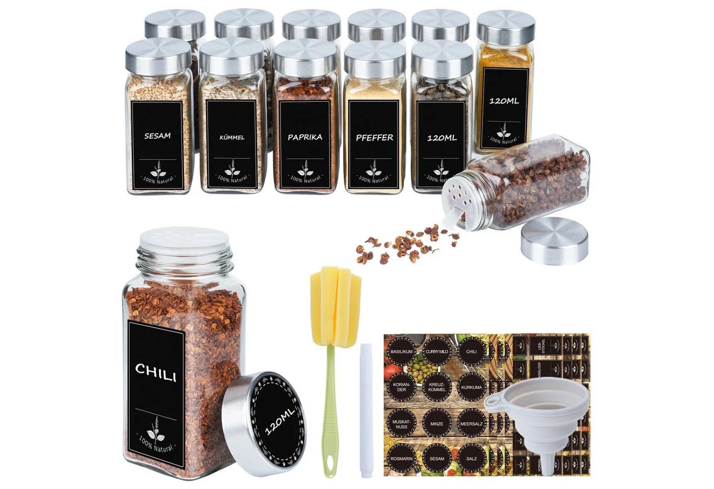 FIVMEN Gewürzglas-Set 12-tlg. Quadratisch Glas mit Sieb