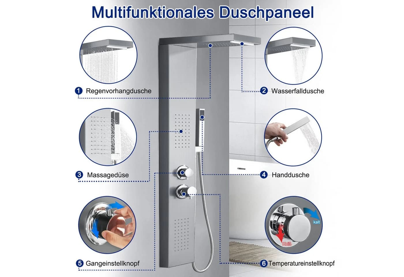 FIVMEN Duschsystem Duschpaneel Edelstahl Gebürstet Duscharmatur Duschset mit Regendusche, 5 Duschmodi Massagedusche, Wasserfalldusche, Handbrause - Bild 3