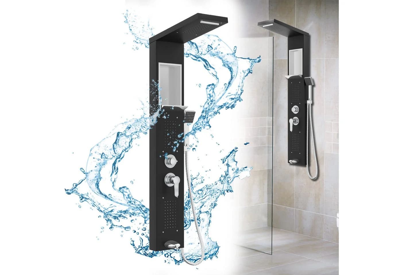 FIVMEN Duschsystem Duschpaneel aus Edelstahl mit Ablage und Armatur Duschsäule Duschset, 5 Duschmodi Massagedusche, Wasserfalldusche, Handbrause - Bild 2