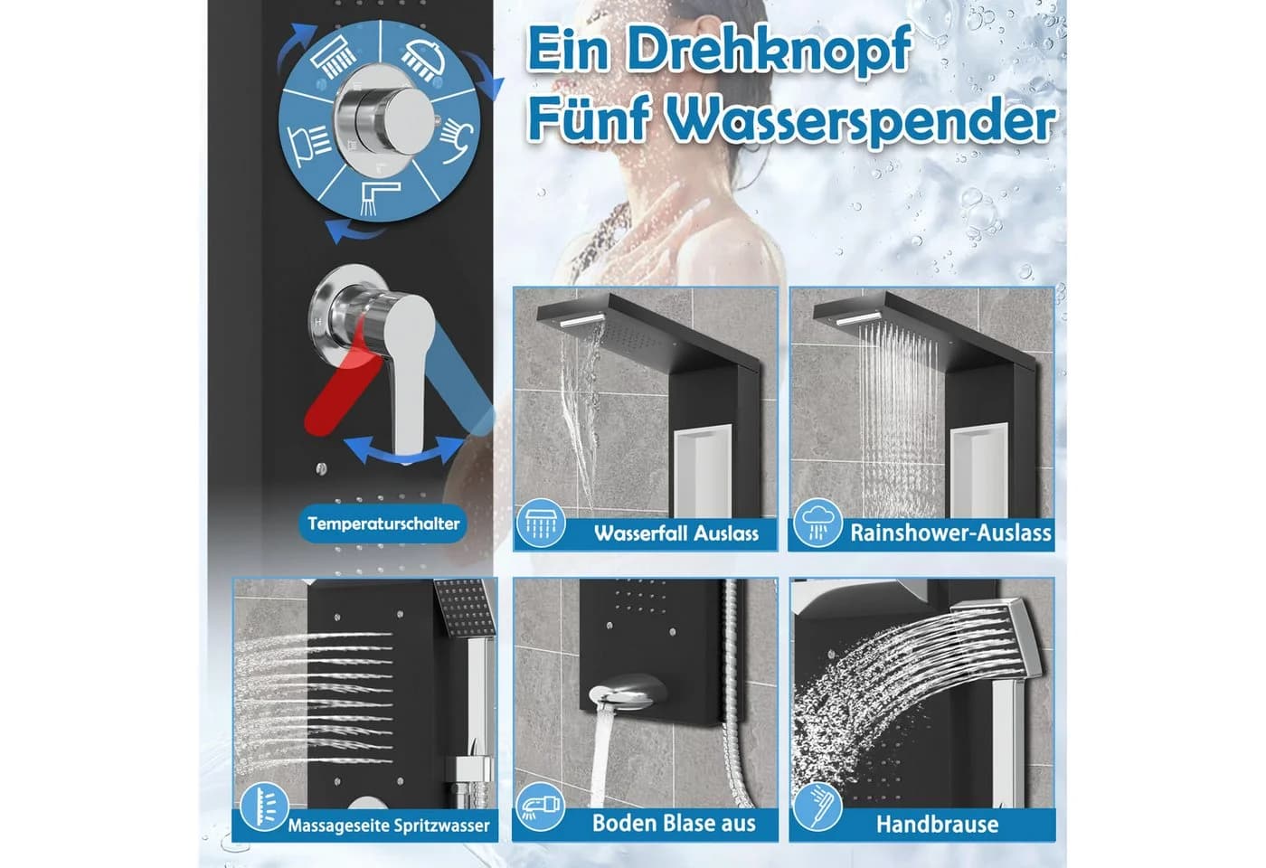 FIVMEN Duschsystem Duschpaneel aus Edelstahl mit Ablage und Armatur Duschsäule Duschset, 5 Duschmodi Massagedusche, Wasserfalldusche, Handbrause - Bild 3
