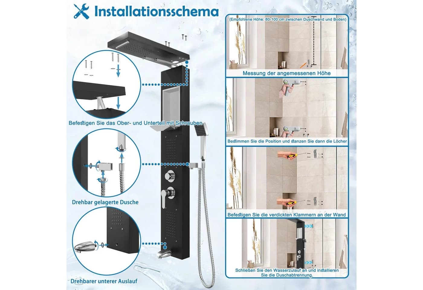 FIVMEN Duschsystem Duschpaneel aus Edelstahl mit Ablage und Armatur Duschsäule Duschset, 5 Duschmodi Massagedusche, Wasserfalldusche, Handbrause - Bild 5