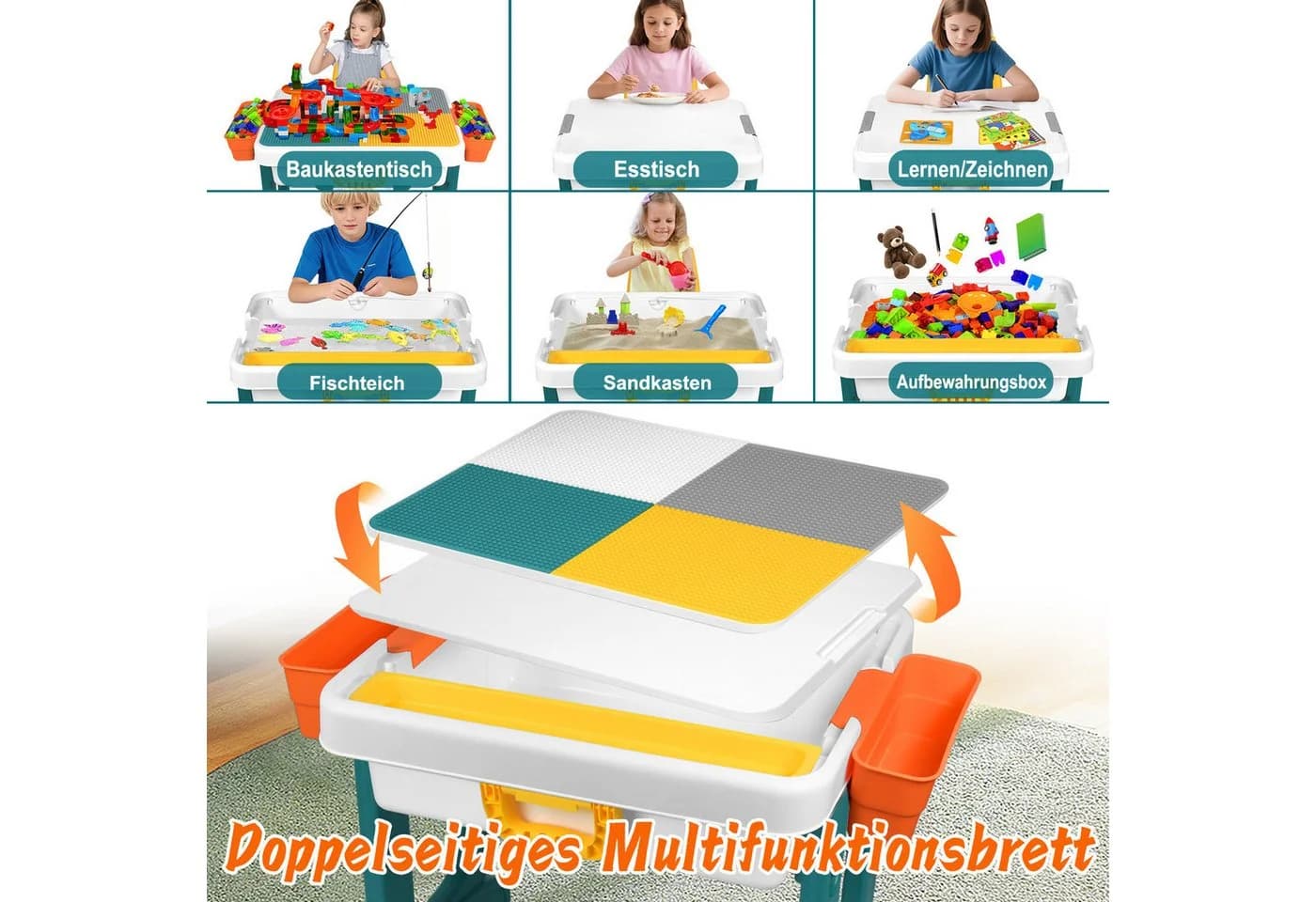 FIVMEN Kindersitzgruppe Höhenverstellbarer Kindertisch mit Stühle Set Spieltisch mit Blocks, 300-tlg - Bild 3